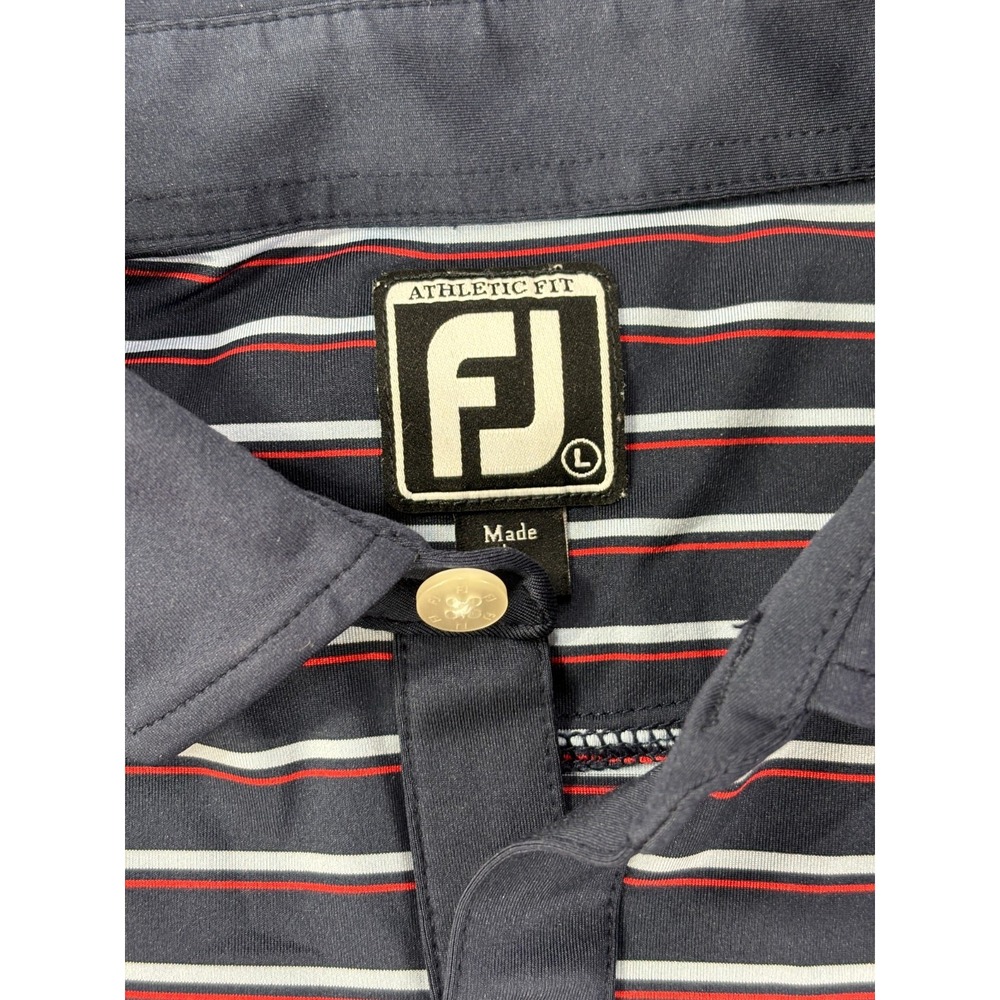 Foot Joy Men's Navy White Red Striped Golf Ath Fit Performance Polo Size L